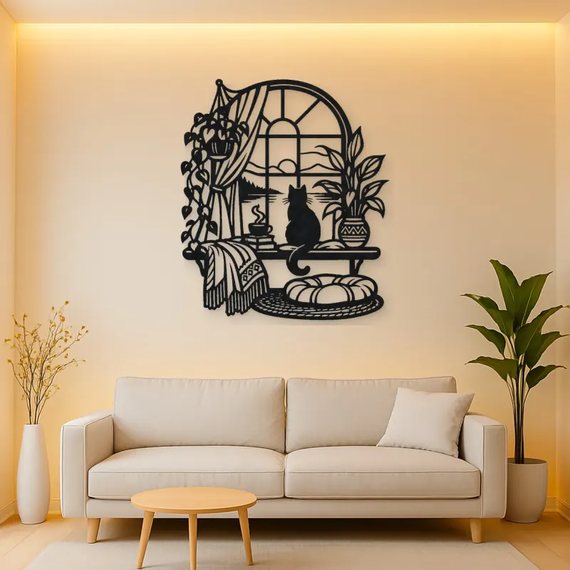 Cat on Windowsill Metal Wall Art | Pet Lover Silhouette Decor