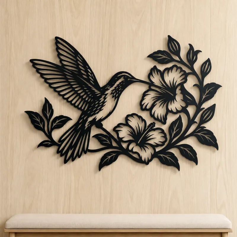 Hummingbird Blossom Metal Wall Art | Wildlife Silhouette Decor - lifestyle view 5