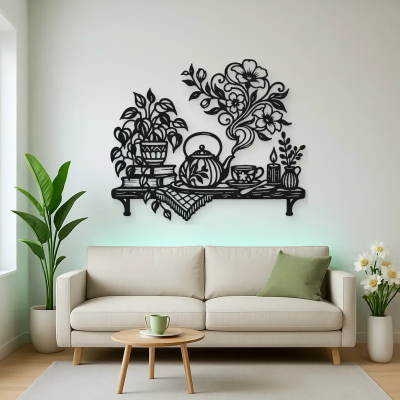 Teapot Floral Steam Metal Wall Art | Botanical Metal Wall Decor