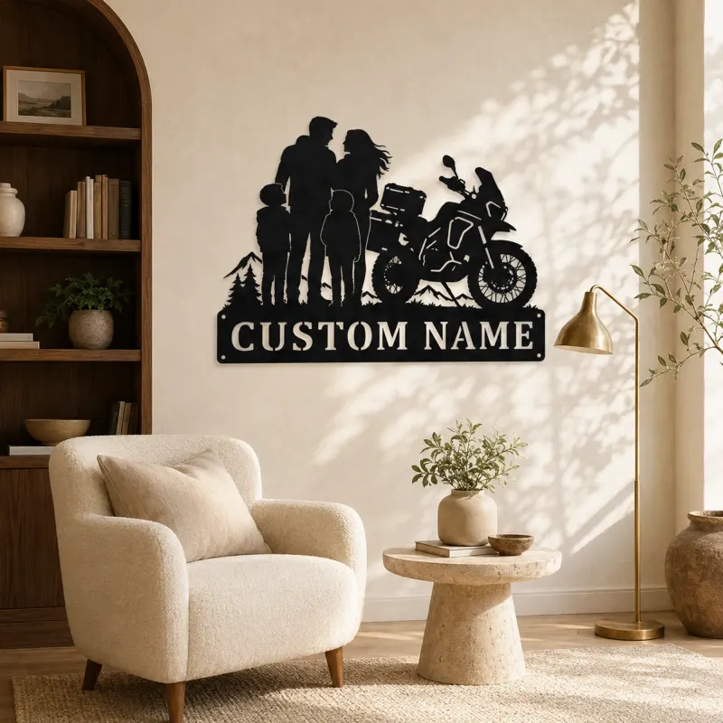 Personalized Adventure Motorcycle Mountain Family Metal Wall Art - lifestyle view 5