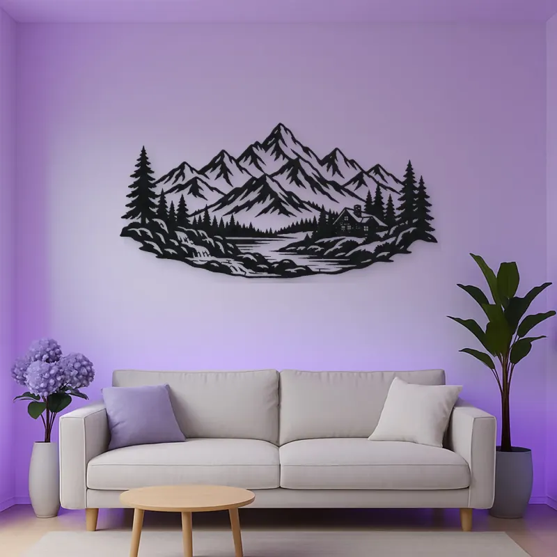 Cabin below the Peaks Metal Wall Art | Nature Silhouette Decor