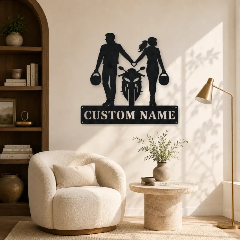 Personalized Helmet Holding Motorcycle Couple Metal Wall Art - lifestyle view 5