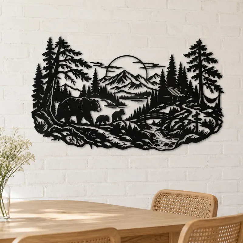 Bear Forest Trail Metal Wall Art | Wildlife Silhouette Decor - lifestyle view 4
