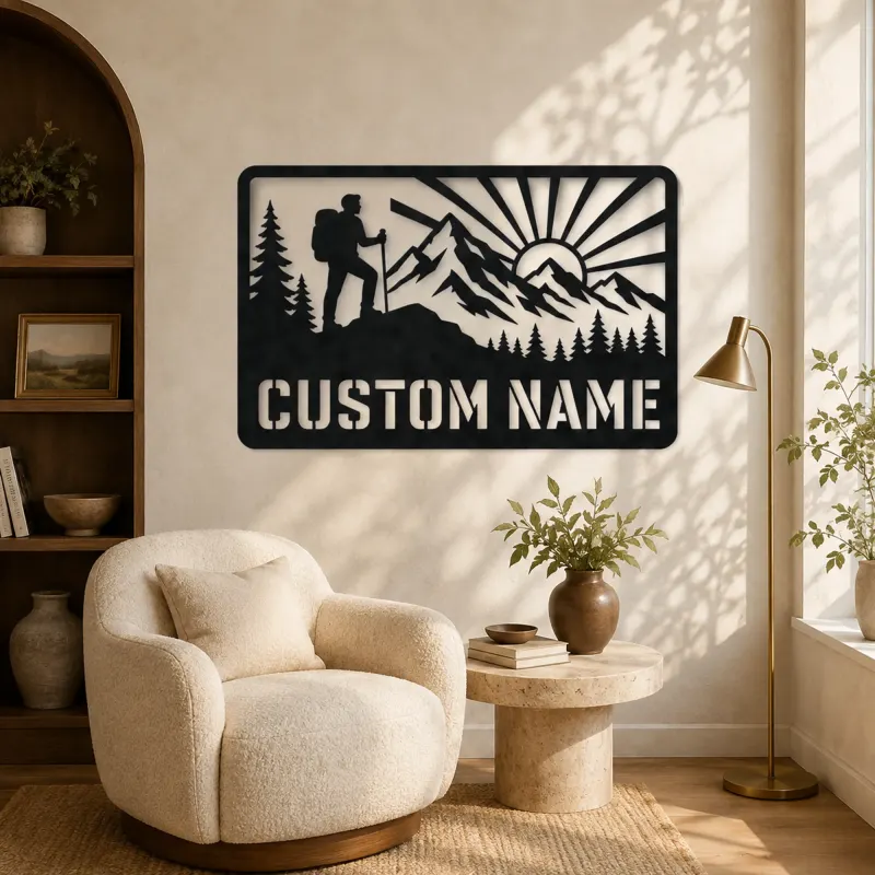 Personalized Mountain Hiker Metal Wall Art with Sunrise - lifestyle view 5