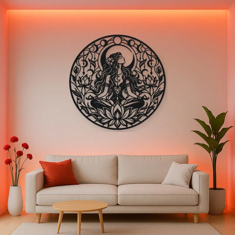 Lotus Moon Woman Metal Wall Art | Minimalist Woman Line Art