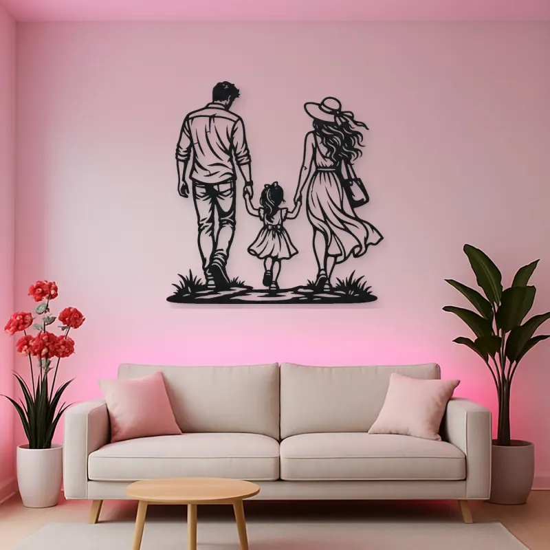 Family of Three Walk Metal Wall Art | Family Silhouette Decor