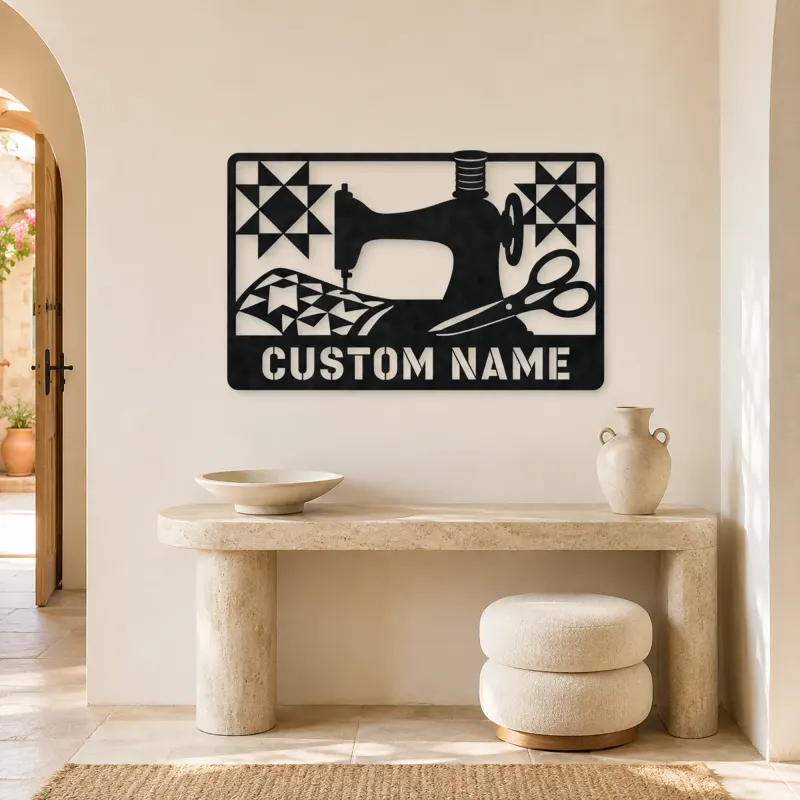 Personalized Sewing Machine Metal Wall Art with Quilt Details - lifestyle view 3