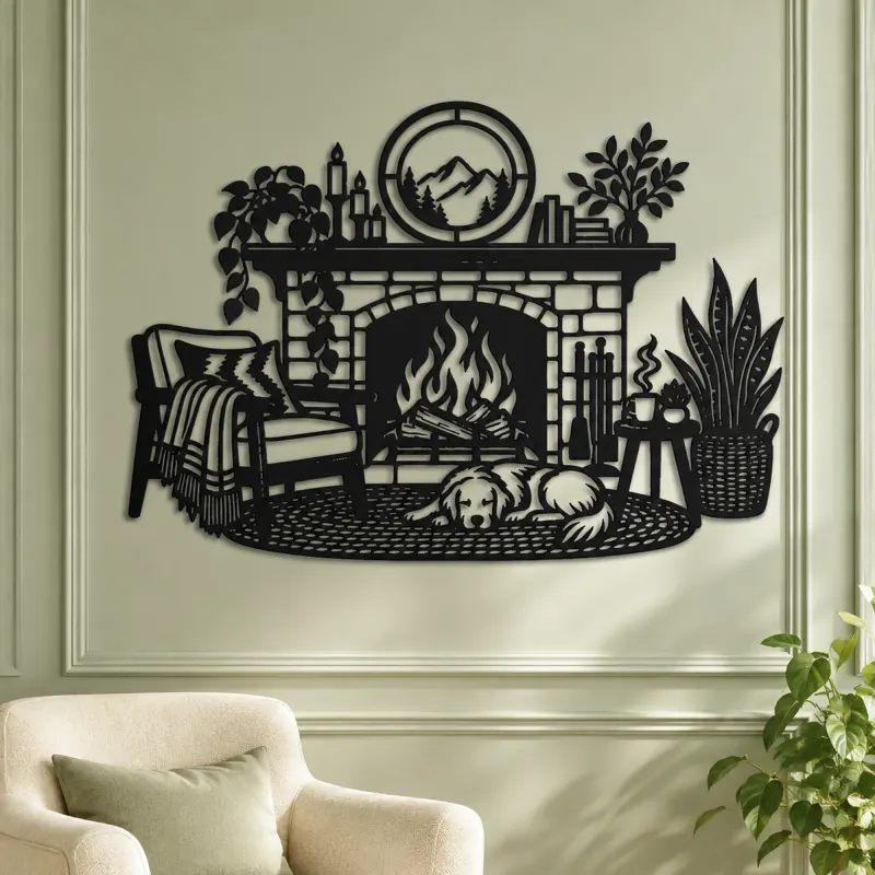 Modern Fireplace Scene Metal Wall Art | Cozy Home Metal Decor - lifestyle view 2