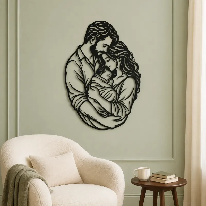 Parents with Newborn Metal Wall Art | Family Silhouette Decor - lifestyle view 2