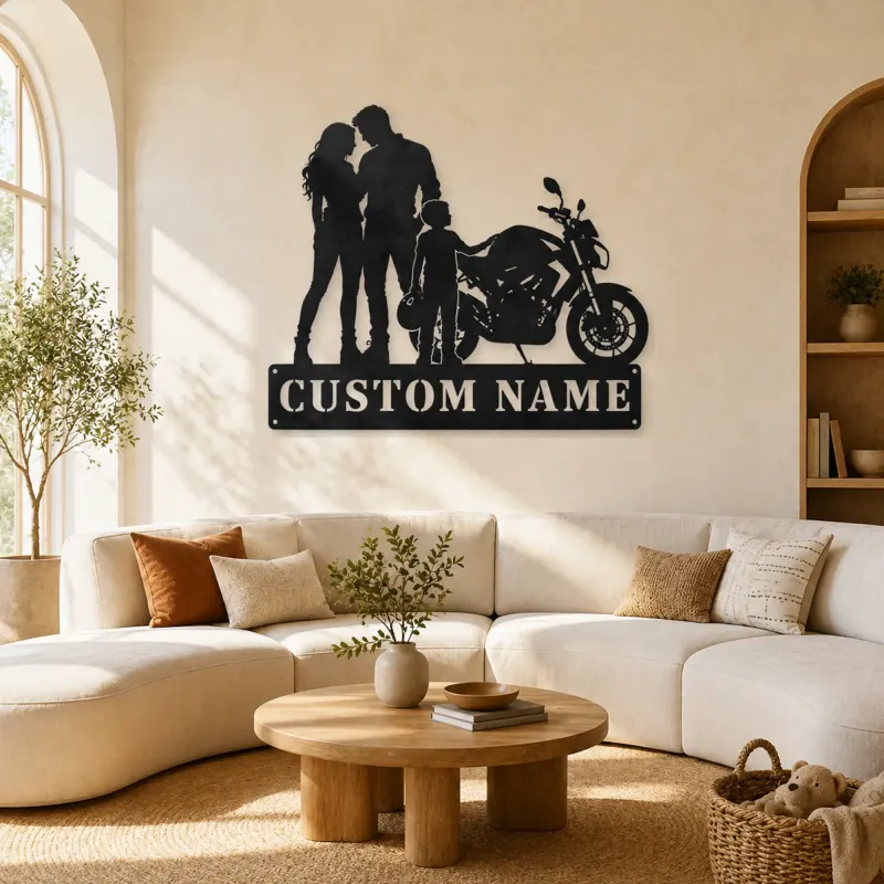 Décoration murale en métal personnalisée pour famille avec enfant portant un casque