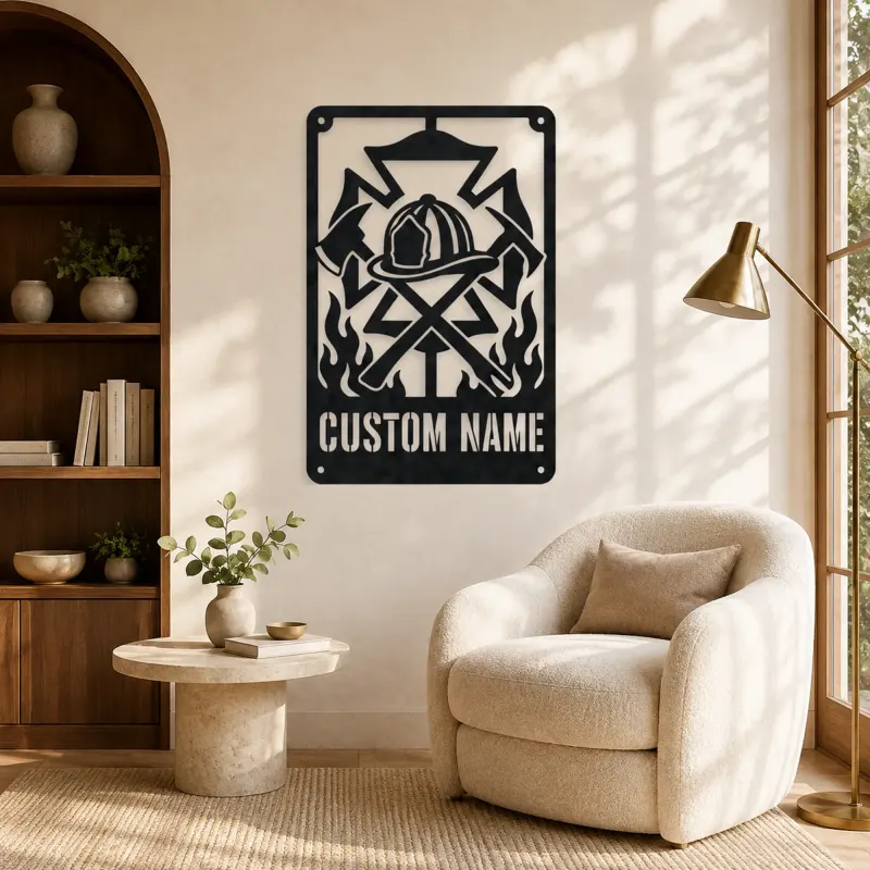 Personalized Firefighter Crest Metal Wall Art with Axes - lifestyle view 5