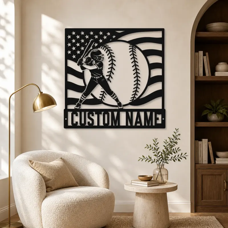 Personalized Softball Player and American Flag Metal Wall Art - lifestyle view 5