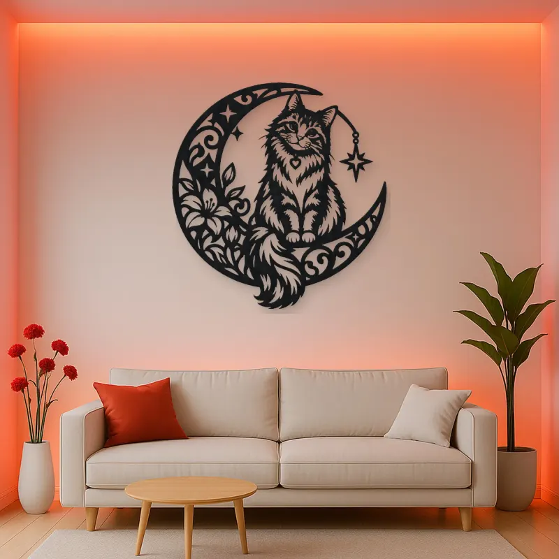 Cat on Moon Arc Metal Wall Art | Pet Lover Silhouette Decor