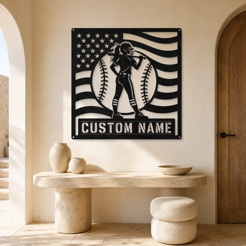 Personalized Female Softball Player Bat on Shoulder Metal Wall Art - lifestyle view 3