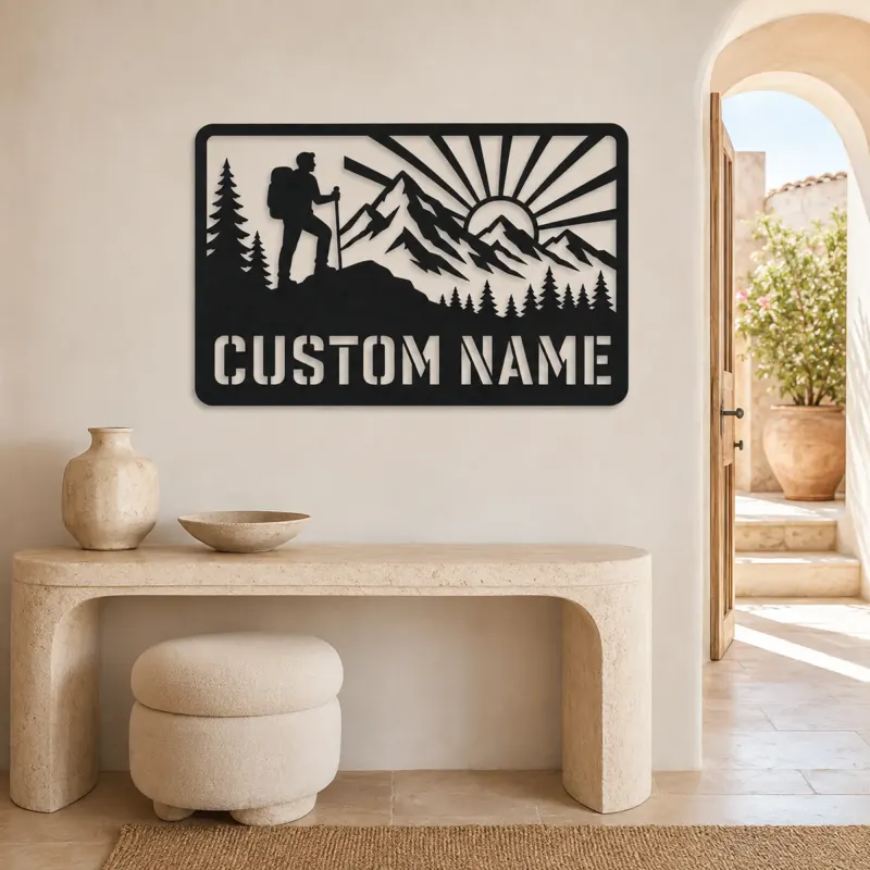Personalized Mountain Hiker Metal Wall Art with Sunrise - lifestyle view 3