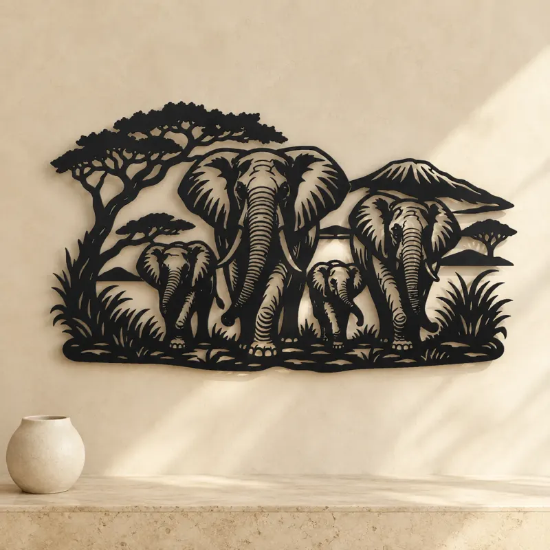 Elephant Family Walk Metal Wall Art | Wildlife Silhouette Decor - lifestyle view 3