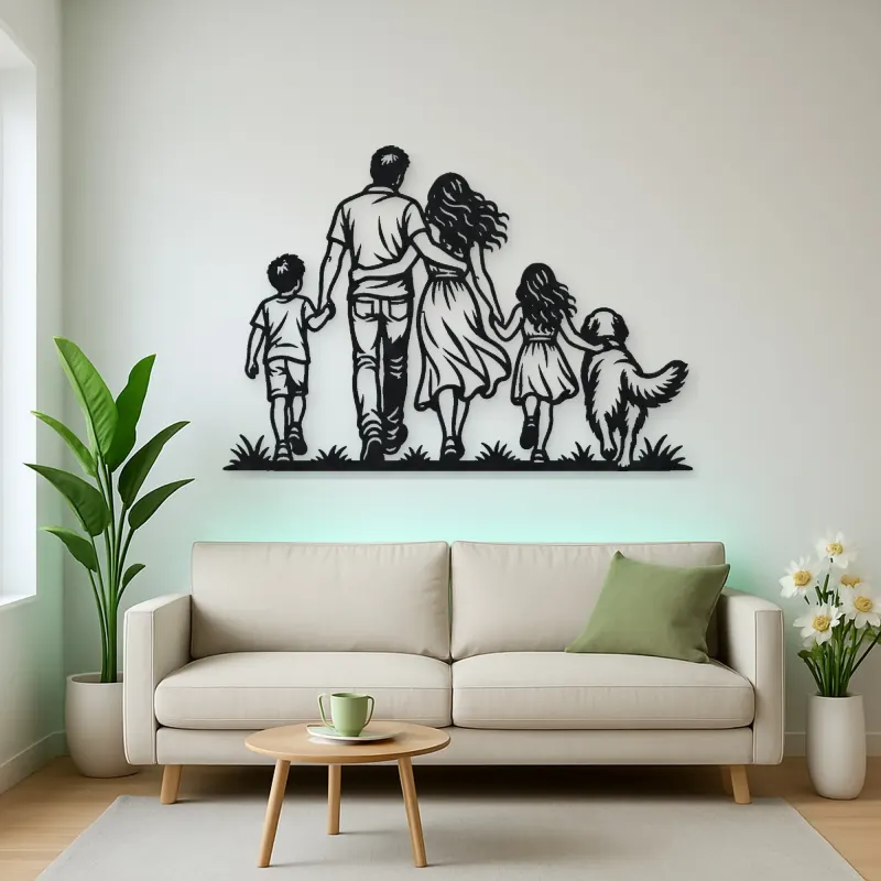 Family with Dog Metal Wall Art | Pet Lover Silhouette Decor