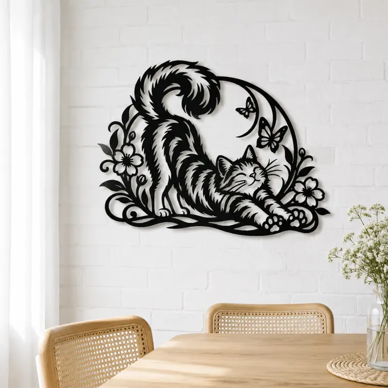 Cat Stretch Flow Metal Wall Art | Pet Lover Silhouette Decor - lifestyle view 4