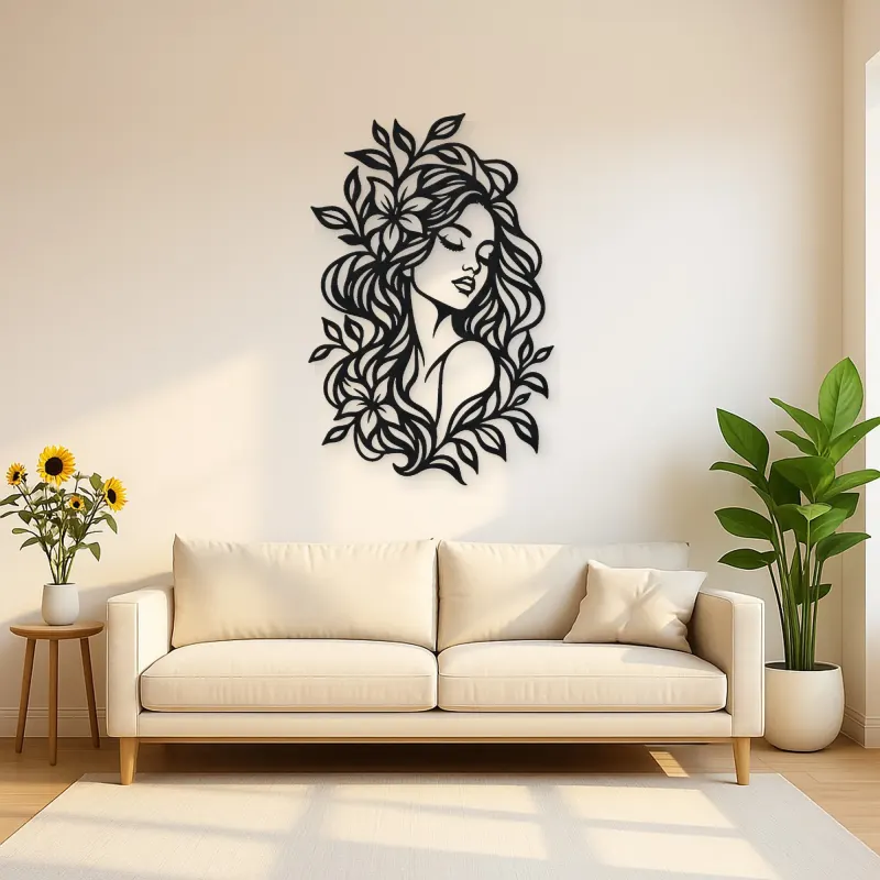 Botanical Hair Face Metal Wall Art | Minimalist Woman Line Art