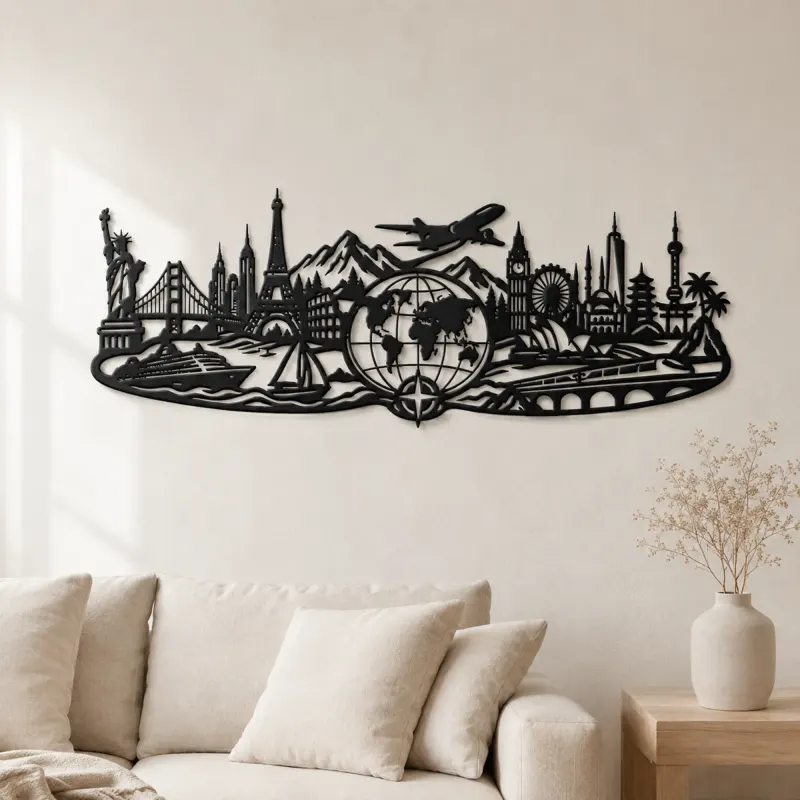Weltkarte Reise Linie Metall Wandkunst | Reise- und Stadt Wanddekoration