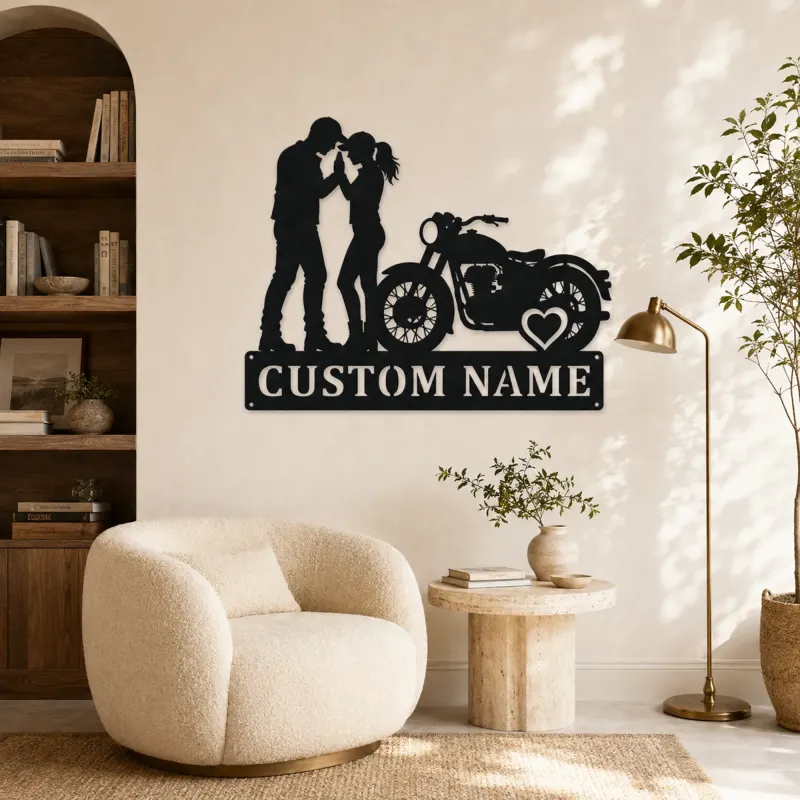 Personalized Vintage Motorcycle Couple Metal Wall Art with Heart - lifestyle view 5