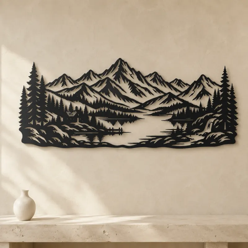 Highland Lake View Metal Wall Art | Nature Silhouette Decor - lifestyle view 3