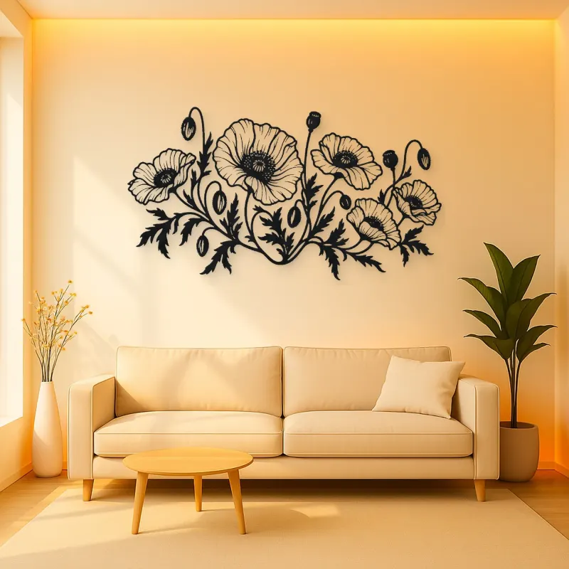 Poppy Field Line Metal Wall Art | Botanical Metal Wall Decor