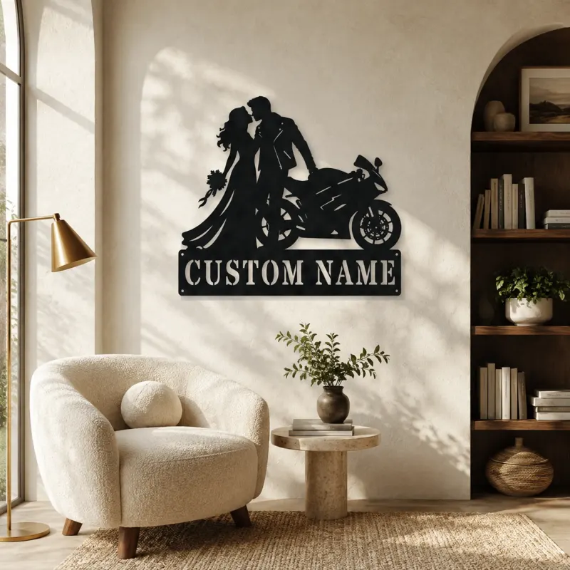 Personalized Biker Wedding Motorcycle Metal Wall Art - lifestyle view 5