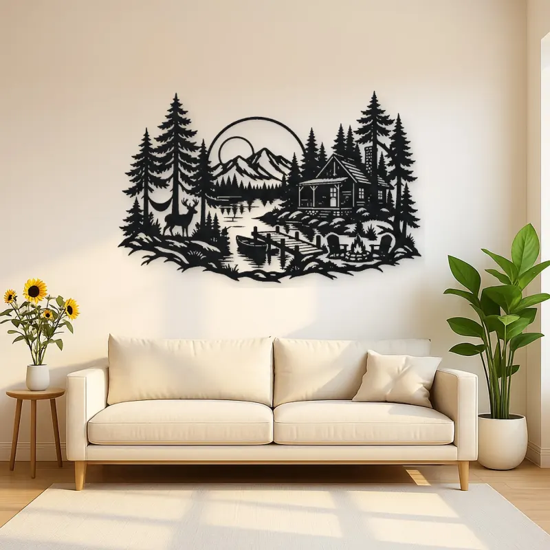 Lakeside Forest Cabin Metal Wall Art | Nature Silhouette Decor