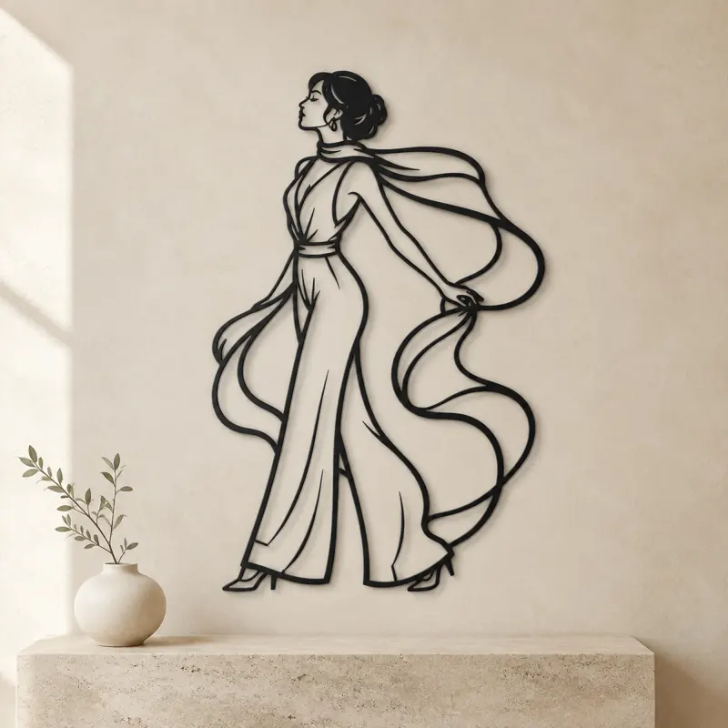 Silk Scarf Profile Metal Wall Art | Minimalist Woman Line Art - lifestyle view 3