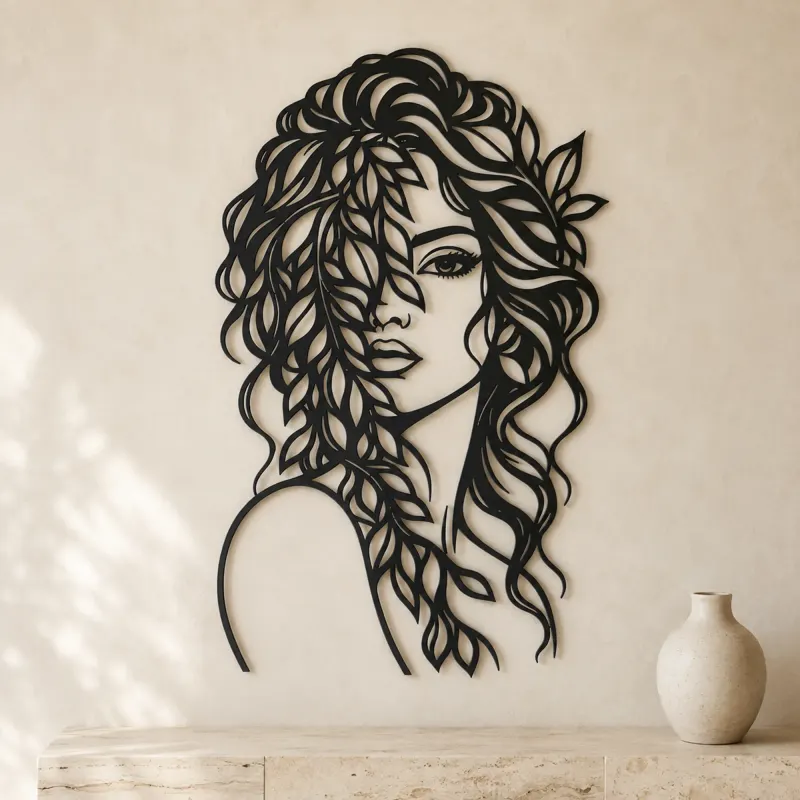 Leaf Veil Face Metal Wall Art | Minimalist Woman Line Art - lifestyle view 3