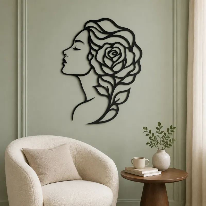 Rose Profile Muse Metal Wall Art | Minimalist Woman Line Art - lifestyle view 2