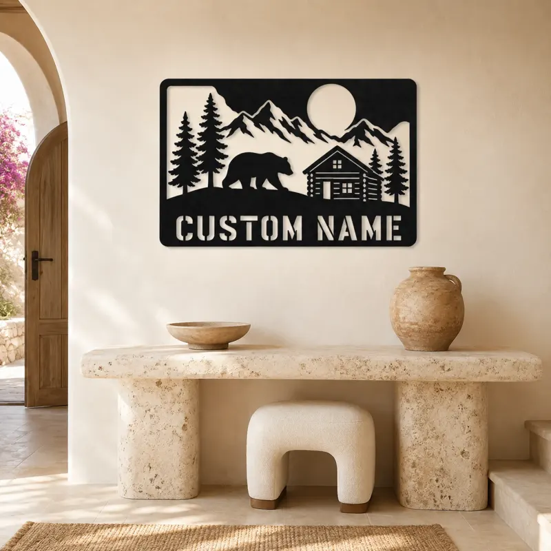 Personalized Bear and Log Cabin Metal Wall Art - lifestyle view 3