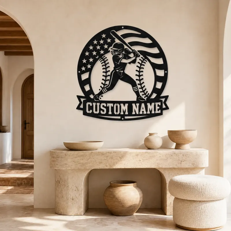 Personalized Female Softball Batter Round Flag Metal Wall Art - lifestyle view 3