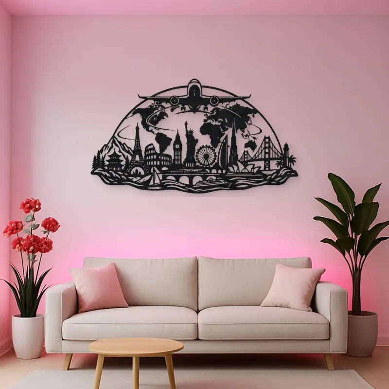 Airplane World Arc Metal Wall Art | Travel and City Wall Decor