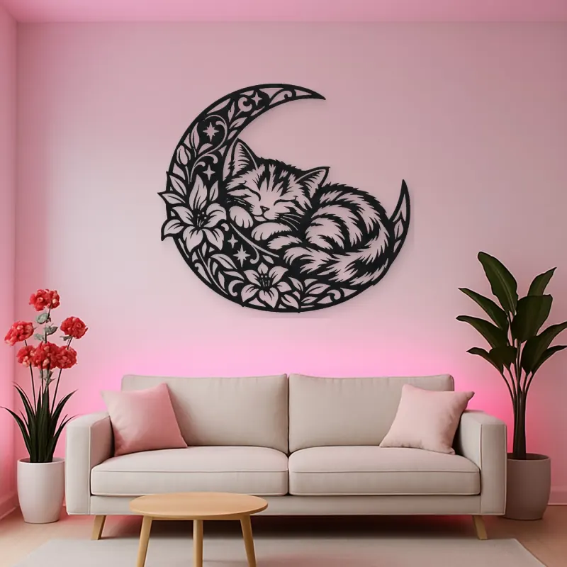 Sleeping Cat Crescent Metal Wall Art | Pet Lover Silhouette Decor