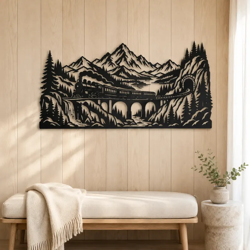Train through Mountains Metal Wall Art | Travel and City Wall Decor - lifestyle view 5
