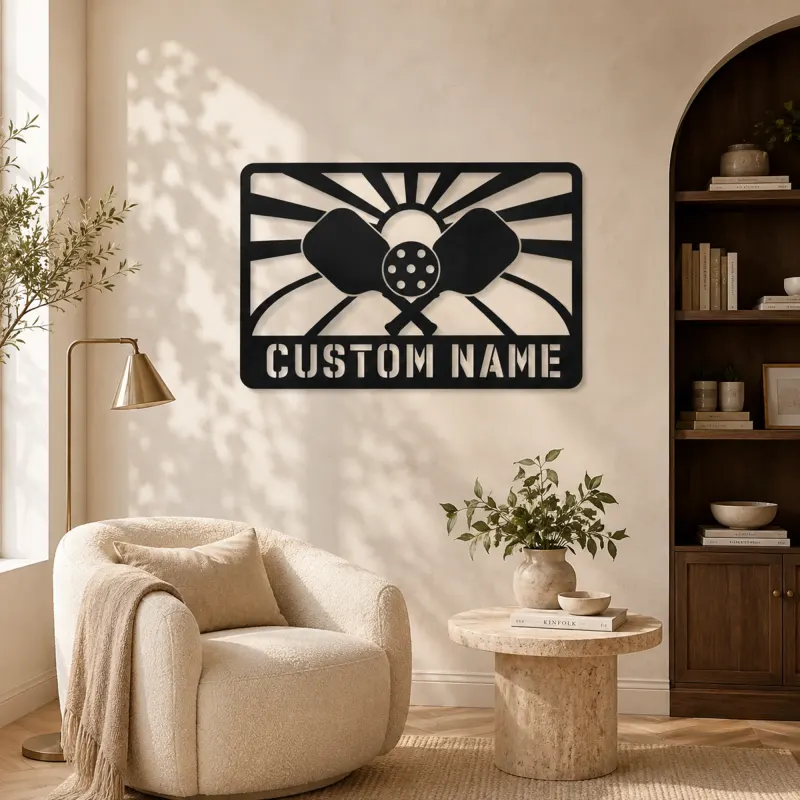 Personalized Pickleball Paddle Metal Wall Art with Sunrise - lifestyle view 5