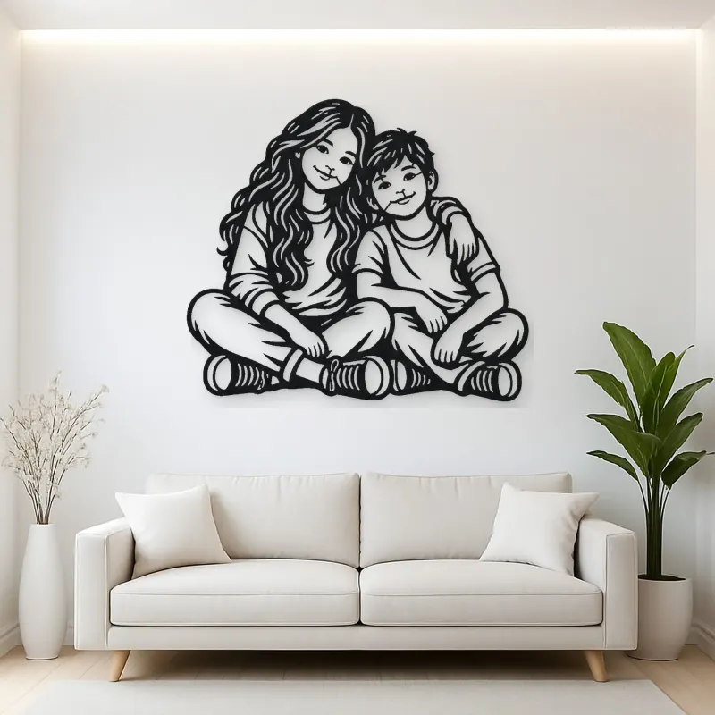 Siblings Side by Side Metal Wall Art | Family Silhouette Decor