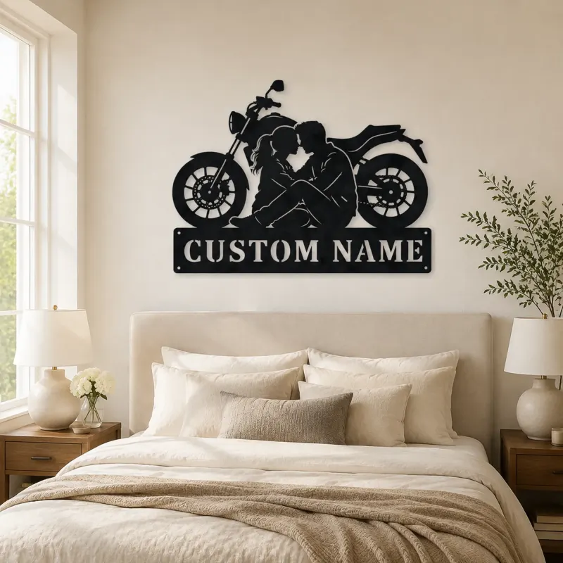 Personalized Seated Couple and Motorcycle Metal Wall Art - lifestyle view 2