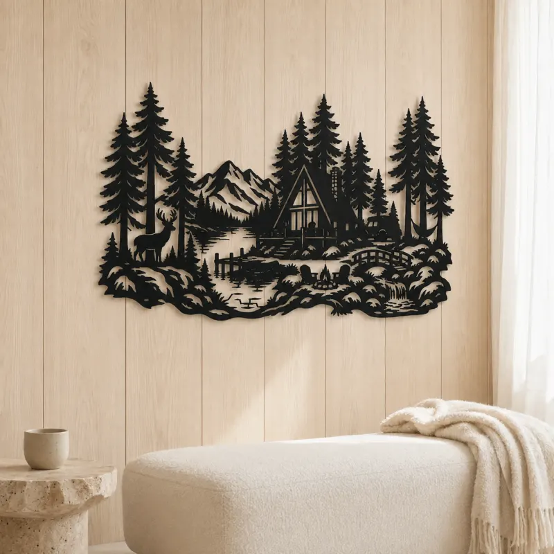 A-Frame Cabin Woods Metal Wall Art | Nature Silhouette Decor - lifestyle view 5