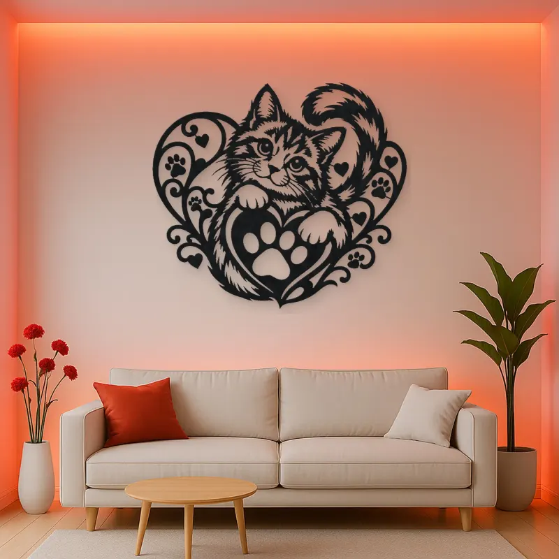 Cat Paw Heart Metal Wall Art | Pet Lover Silhouette Decor