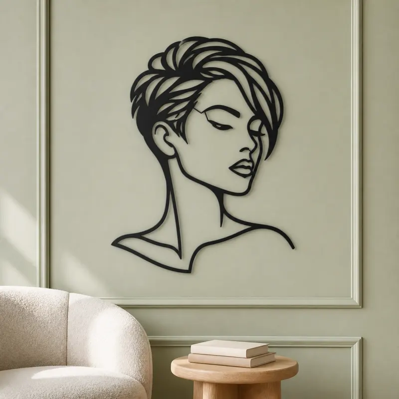 Short Hair Modern Face Metal Wall Art | Minimalist Woman Line Art - lifestyle view 2