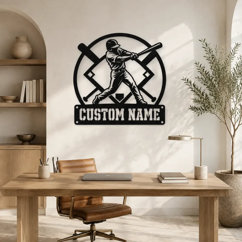 Personalized Baseball Batter Metal Wall Art with Crossed Bats - lifestyle view 4