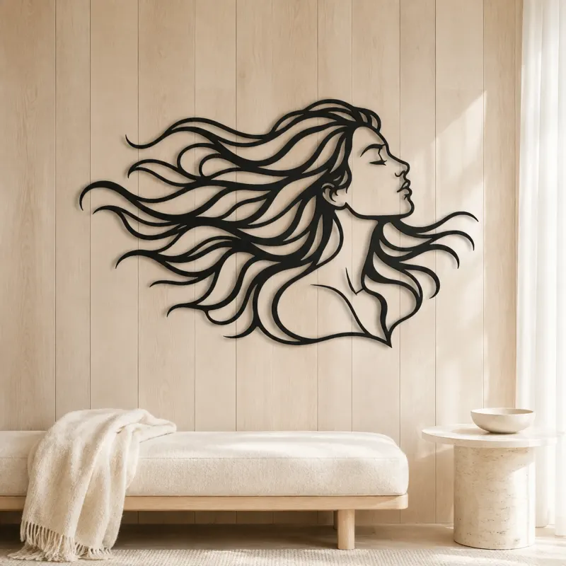Windblown Hair Face Metal Wall Art | Minimalist Woman Line Art - lifestyle view 5