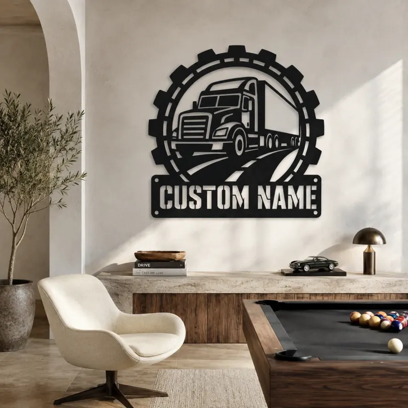 Personalized Semi Truck Metal Wall Art with Gear Frame - lifestyle view 4