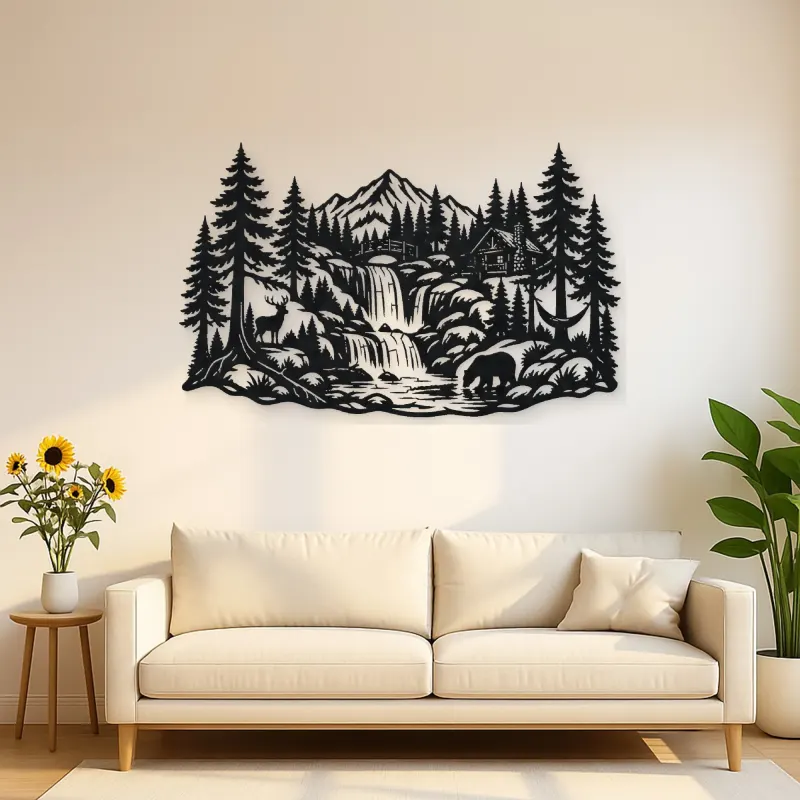 Forest Waterfall Metal Wall Art | Nature Silhouette Decor