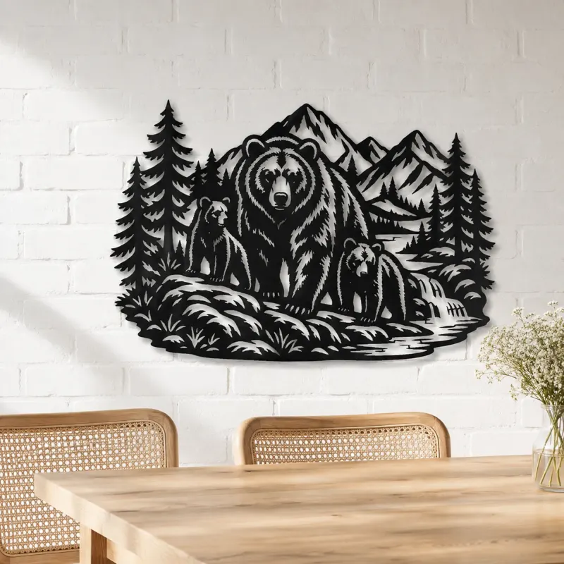 Bear Mountain Scene Metal Wall Art | Wildlife Silhouette Decor - lifestyle view 4