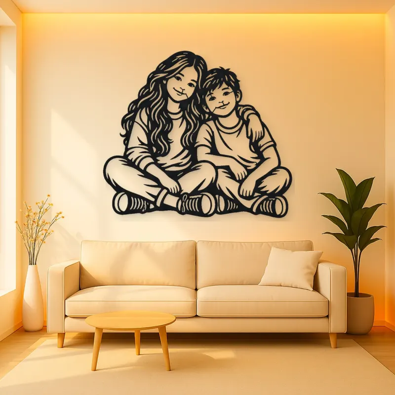 Siblings Side by Side Metal Wall Art | Family Silhouette Decor