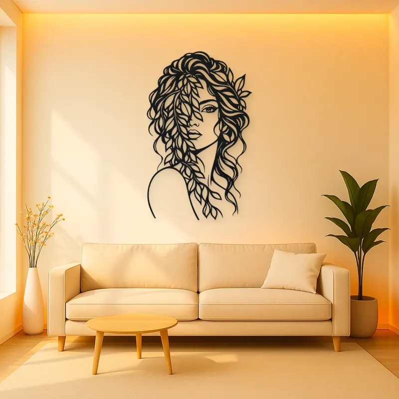 Leaf Veil Face Metal Wall Art | Minimalist Woman Line Art